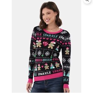 Christmas Womens Sweater Teddy Bear Balls Ornaments Hearts Sequins Size Medium